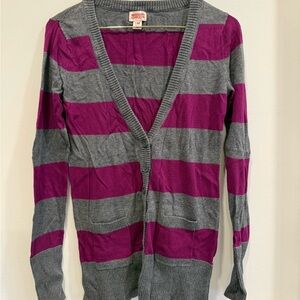 Women's Striped Cardigan Sweater - Gray and Pink